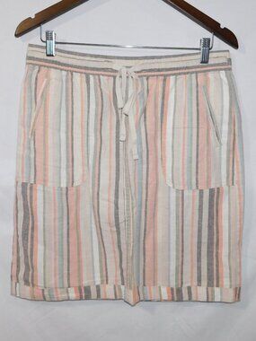 Papaya Pink Gray beige Striped Linen Blend Pull-On Skirt Drawstring Womens 12